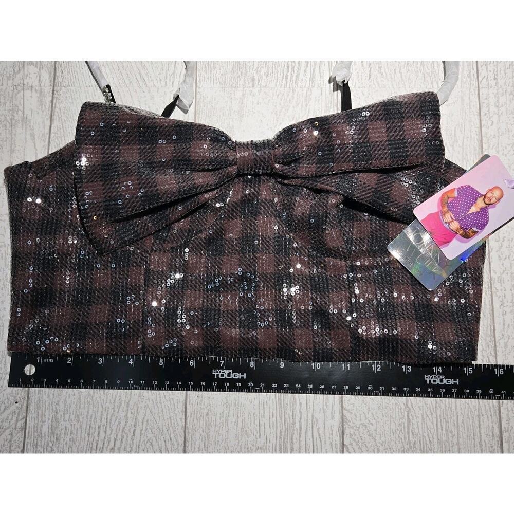 Johnny Wujek Sequin Crop Top Bow Front Zip Back Jrs Sz 11 Plaid Black Brown GLAM - Picture 12 of 15